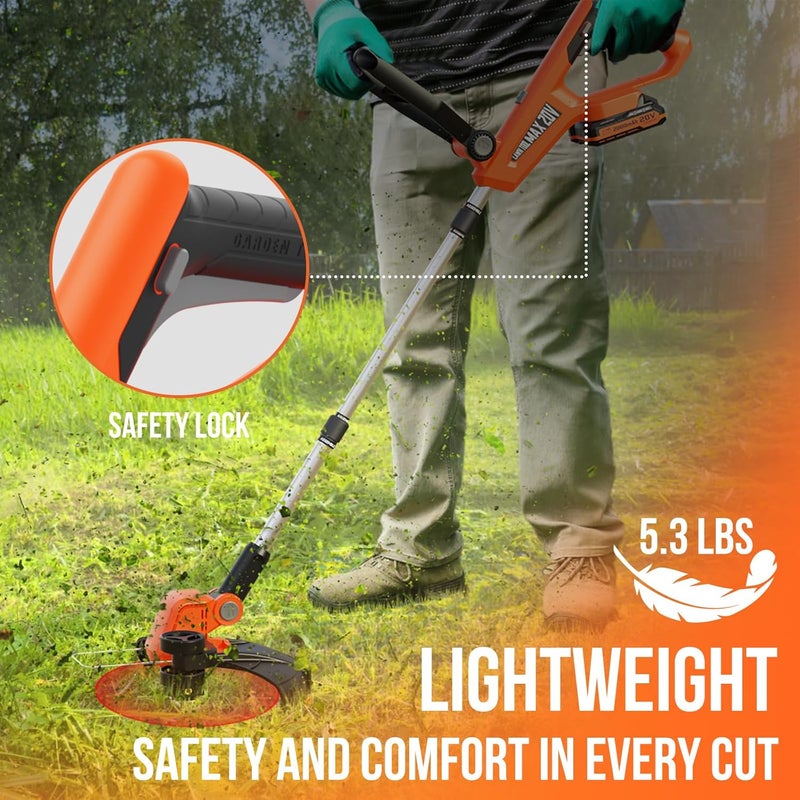 VARSK 20V String Trimmer Cordless, 12 Inch 2 in 1 Trimmer and Edger, Automatic Line Feed, Includes 2 X 2.0Ah Batteries/1 X Fast Charger/6 X Spare Spools, for Lawn, Garden, etc, Orange - Image 5